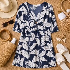 Blue White Tropical Vacation Summer Dress (Layering or Cover Up) Size M | Roxy